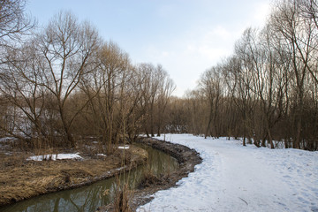 Панорама реки и деревьев в зимнем городском парке....