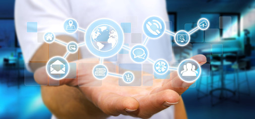 Businessman holding digital tactile screen web network with web