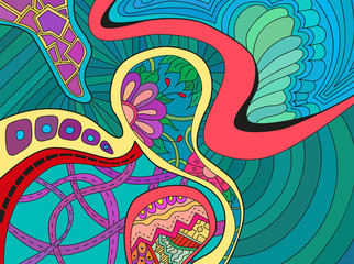 Abstract background with lines, arrow, wave and flowers.