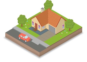 Small isometric house with car and trees