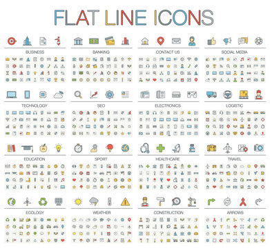 Vector illustration of thin line color icons business, banking, contact us, social media, technology, logistic, education, sport, medicine, travel and weather. Flat symbols set