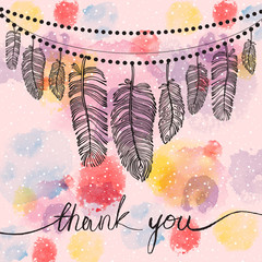 Thank You card with feathers on a pink background, watercolor stains. Vector illustration