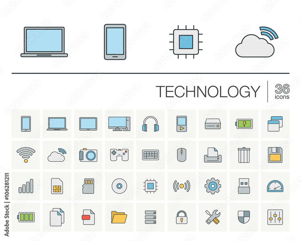 Poster vector thin line icons set and graphic design elements. illustration with technology and digital out
