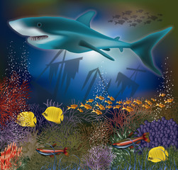 Underwater wallpaper with shark and old ship, vector illustration