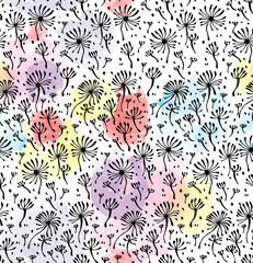 print, seamless pattern of dandelion fluff with multicolored watercolor stains on a white background. Vector illustration.