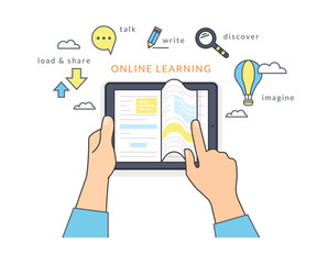 Human hand holds a tablet pc and reading ebook on the screen. Flat line contour illustration of online reading book and learning with symbol such as talk and share, read and imagine