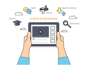 Human hand holds a tablet pc and watching a video online on the screen. Flat line contour illustration of online video streaming using mobile app to learn, talk and publish own video content