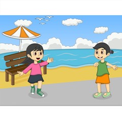 Girls playing at the beach cartoon