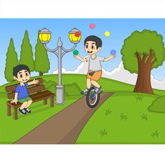 Boys playing rocking horse and unicycle at the park cartoon