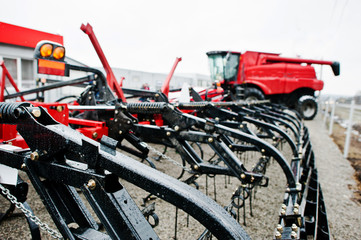 New red agricultural seeder close up view
