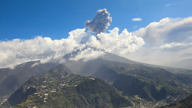 Banos, Popular Touristic Destination In Ecuador And Tungurahua Volcano Erupting In The Background, 45 Minutes Time-Lapse
