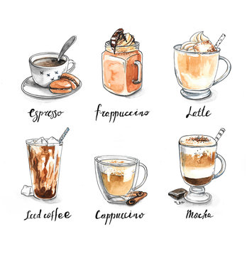 Collection of different coffee - espresso, frappuccino, latte, iced coffee, cappuccino, mocha