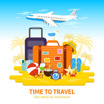 Travel to World, flat design vector illustration. Summer Vacation, tourism, holiday, suitcase ready for adventure. Summertime relaxing on beach. Trip, journey, traveling, colorful banner