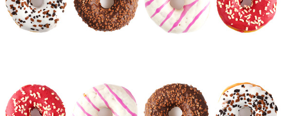 Donuts on a white background. Panorama