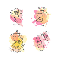 Vector french fashion hand drawn elements set. Hand sketched collection of paris style. Europe fashion elegance doodle set.