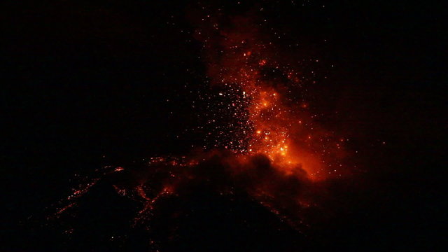 Experience the breathtaking power of Tungurahua volcano's eruption captured in real time with a stunning night shot from a fixed camera.