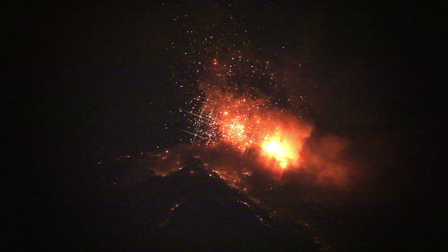 Witness the awe inspiring power of Tungurahua volcano as it unleashes a breathtaking night eruption,propelling star shaped lava fragments high into the sky.