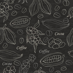 Seamless pattern with coffee and cocoa elements on black background