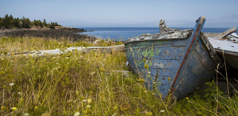 old wrecked boat on grassy coastline in prince edward island can