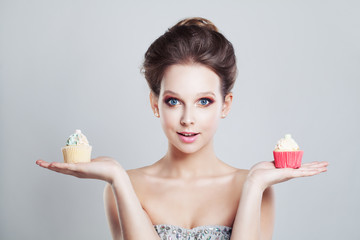 Choice. Unhealthy Food. Woman Holding Sweet Snack