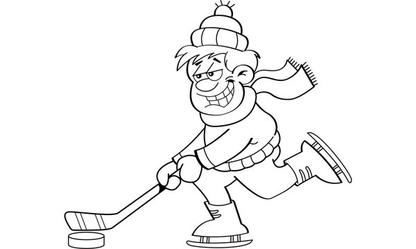 Black and white illustration of a boy playing hockey.