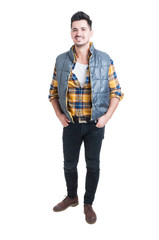 Handsome man in spring  clothes posing on white background