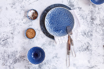 Empty food background. French country blue style tableware. 