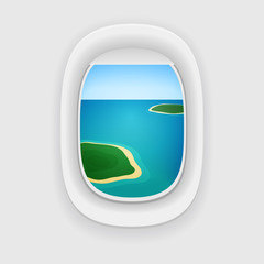 Vector aircraft porthole, window with a travel destination