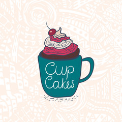 Hand drawing cupcake with cherry.