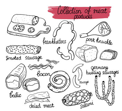 Collection of meat products.Vector hand drawn meat