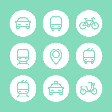City and public transport icons, public transportation vector icons, bus icon, tram, subway, taxi, car, scooter, bike, public