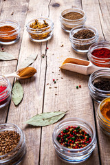 Set of Spices on wood background. Food