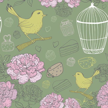 Vintage floral pattern with bird, cage, peons.