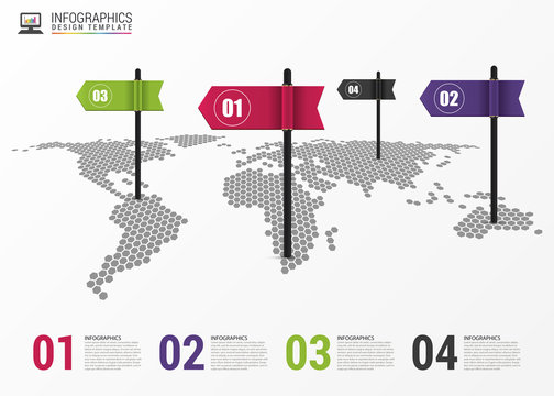 Infographic design template. World map with pointer. Vector