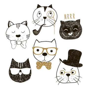 Hand drawn cats faces with different emotions