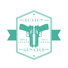 Gun club vintage emblem, logo with pistols, two guns on emblem, vector illustration