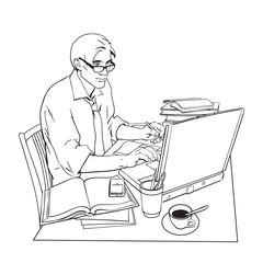A man in a shirt sits at a table. Writer, journalist, scholar, student write his work in the computer. Work on the Internet. On the table, a lot of paperwork. The process of study. Vector illustration