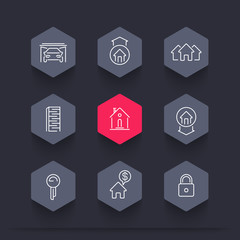 Real estate line icons, mortgage, key, rent, house for sale, loan, building, property, hexagon icons set, vector illustration