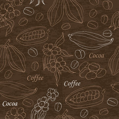 Seamless pattern with coffee and cocoa elements on vintage background.