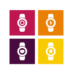 Smart watch icons, smartwatch settings, smart watch charge sign, fitness app, wearable electronics, smart watch square icons on