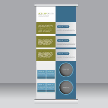 Roll up banner stand template. Abstract background for design,  business, education, advertisement. Blue and green color. Vector  illustration.