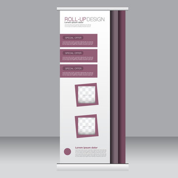 Roll up banner stand template. Abstract background for design,  business, education, advertisement. Purple color. Vector  illustration.