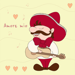Mexican with sombrero and guitar. Vector illustration.