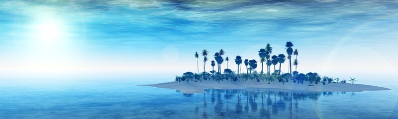 beautiful island in the ocean, sunset over a tropical island. panorama sea sunrise. banner. 3D redering.