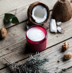 Organic cream on wooden background. Conditioner, shampoo for hai