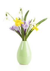Spring bloomers in a vase isolated on white