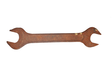 Old rusty wrench isolated on white background