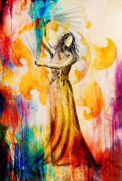 sketch of Oriental dancer and hand fan. And beautiful ornamental background.