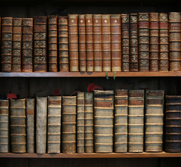 old books on wooden shelf.