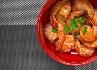 Grilled Shrimp in Red Bowl with grey Background
